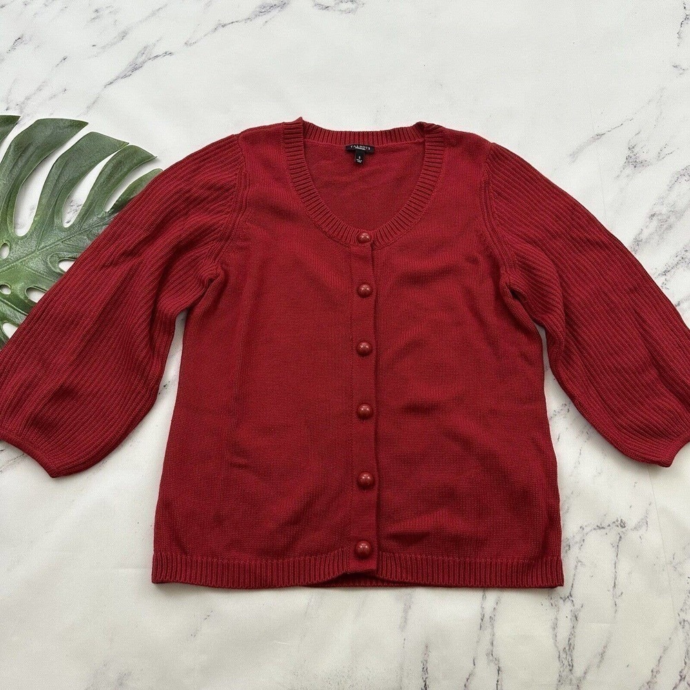Talbots Cardigan Sweater Size S Red Puff Sleeve Retro Angora Cotton Blend